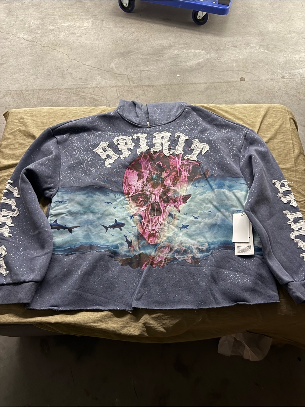 Voyage Studios Graphic Pullover Hoodie Jacket in Navy with Pink Skull and Ocean